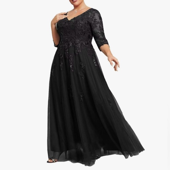 Tulle V Neck Mother of The Bride Dress Lace Appliques Floor Length Plus Size - Picture 1 of 12